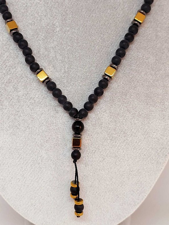 Oniks & Altın Renkli Küp Hematit Taşı Tasarım Erkek Kolyesi - Resim 2