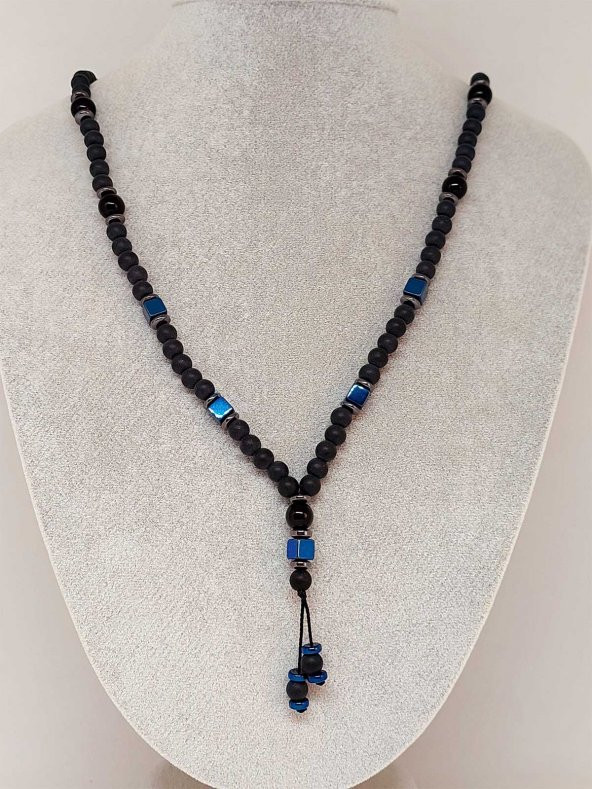 Oniks & Mavi Renkli Küp Hematit Taşı Tasarım Erkek Kolyesi ürün görseli