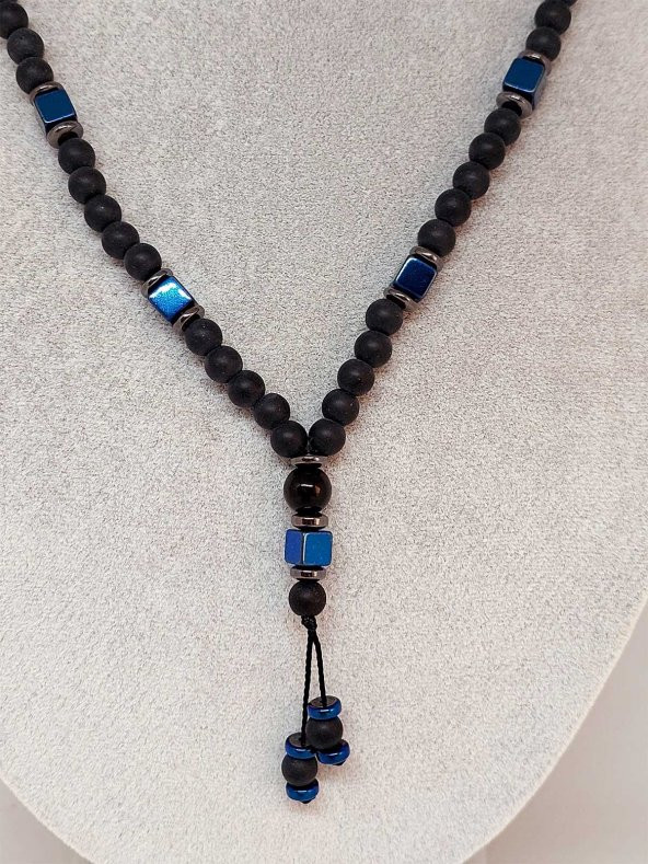 Oniks & Mavi Renkli Küp Hematit Taşı Tasarım Erkek Kolyesi - Resim 2