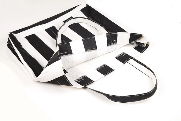 Kadın Kanvas 2 Cepli Günlük Renkli Plaj Omuz Çantası Siyah - Resim 3