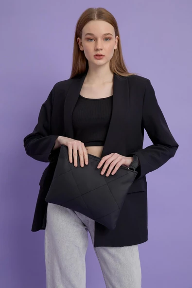 Kadın Siyah Deri Kapitone Clutch El Çantası - 4