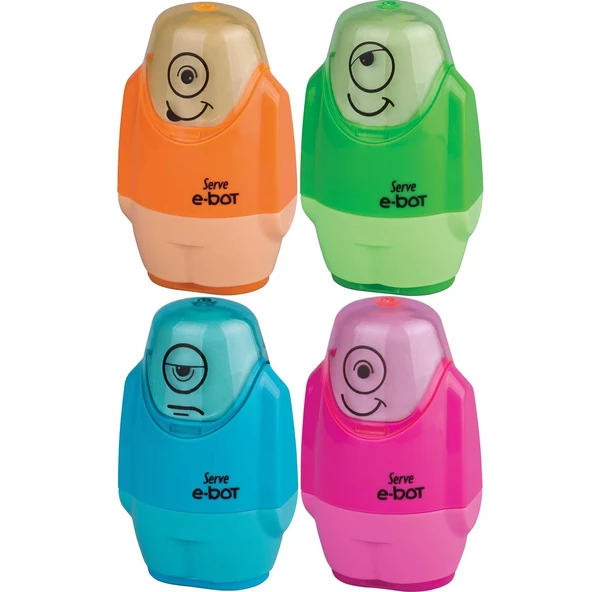 Serve E-Bot Silgi ve Çift Hazneli Kalemtıraş 3 ü 1 Arada FOSFORLU RENKLER