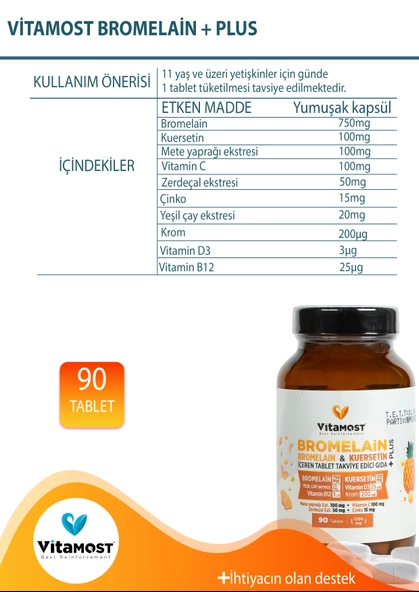 Vitamost BROMELAİN & KUERSETİN PLUS 90 TABLET 1250 MG - 5