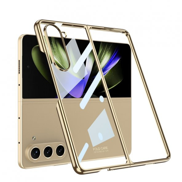 KNY Samsung Galaxy Z Fold 5 Kılıf Renkli Kenarlı Sert Full Camlı Kıpta Kapak Gold