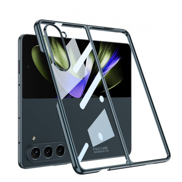 KNY Samsung Galaxy Z Fold 5 Kılıf Renkli Kenarlı Sert Full Camlı Kıpta Kapak Yeşil