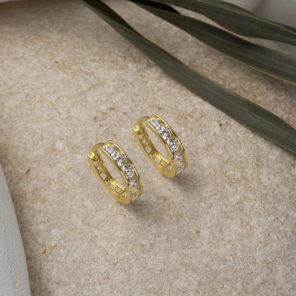 Beyaz Taşlı Halka 14 Ayar Altın Kız Çocuk Küpesi - Resim 3