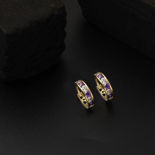 Mor Taşlı 14 Ayar Altın Halka Kız Bebek Küpesi - Resim 4