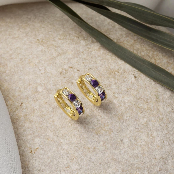 Mor Taşlı 14 Ayar Altın Halka Kız Bebek Küpesi - Resim 3