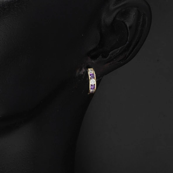 Mor Taşlı 14 Ayar Altın Halka Kız Bebek Küpesi - Resim 2