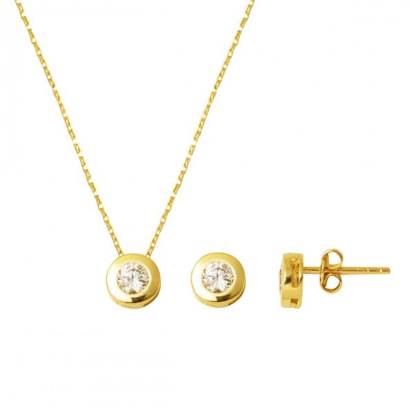 Yuvarlak Tek Taşlı 14 Ayar Altın Takı Seti ürün görseli 1