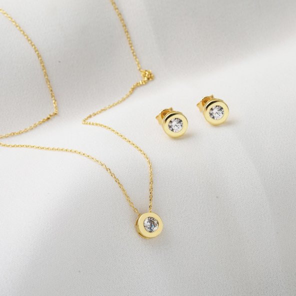 Yuvarlak Tek Taşlı 14 Ayar Altın Takı Seti - Resim 2