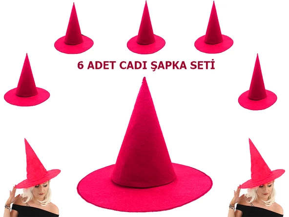 Parti Aksesuar Pembe Fuşya Renk Keçe Cadı Şapkası Yetişkin Çocuk Uyumlu 6 Adet ürün görseli 1