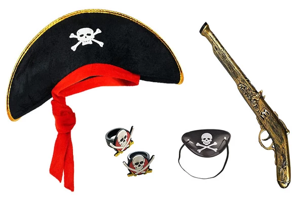 Korsan Şapkası + Tabanca + Maske + 2 Adet Yüzük Kostüm Seti Çocuk - 1
