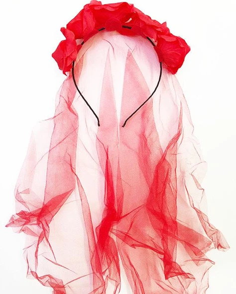 Kırmızı Renk Güllü Kırmızı Duvaklı Halloween Partisi Ürpertici Taç ürün görseli 1