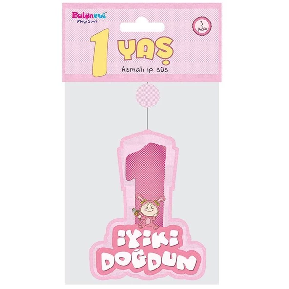 Parti Pembe Renk Asmalı İyiki Doğdun Yazılı 1 Yaş Kız 3lü Süs Set - 4