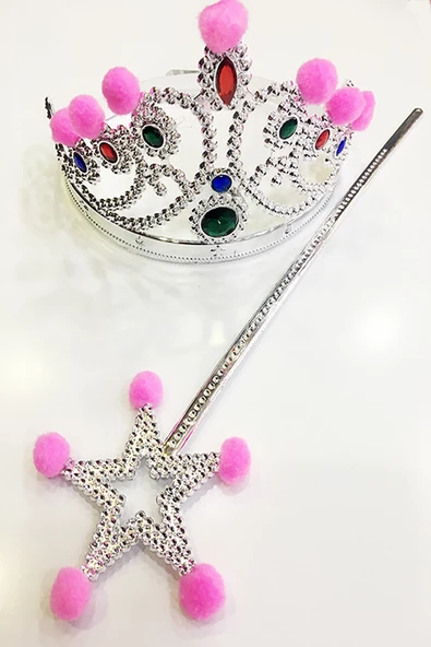 Parti Aksesuar Pembe Ponponlu Gümüş Renk Prenses Tacı ve Gümüş Renk Prenses Asası ürün görseli 1