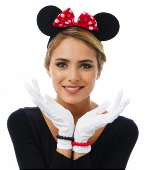 Parti Kırmızı Fiyonklu Minnie Mouse Tacı ve Beyaz Eldiven Seti - Resim 2
