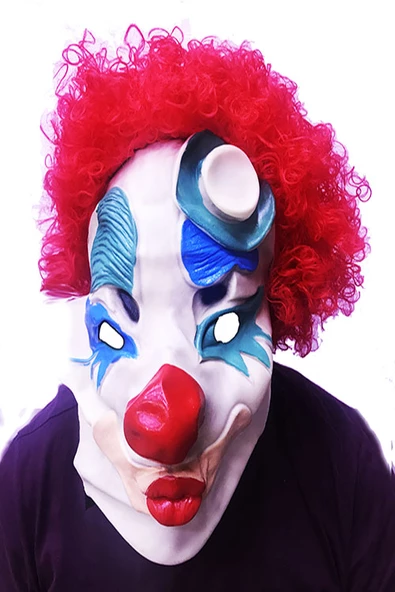 Parti Kırmızı Renk Afro Bonus Peruklu Palyaço Lateks Et Maske - 1