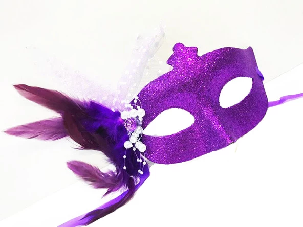 Parti Aksesuar Sim İşlemeli İnci Boncuk Detaylı Tüylü Balo Maskesi Mor Renk 13x18 cm ürün görseli 1