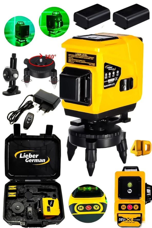 Lieber German 360 Derece Dönerli 2 Akülü 45 Metre Nişangah 12 Köşe Lazer Metre Hizalama Makinesi