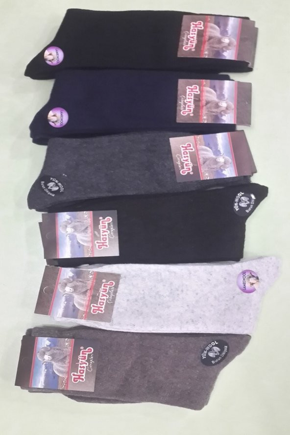 Hasyün Çorap Kuzu Yünü Dikişsiz Burunlu Erkek Çorabı 6 Adet Paket Karışık Renk - 3