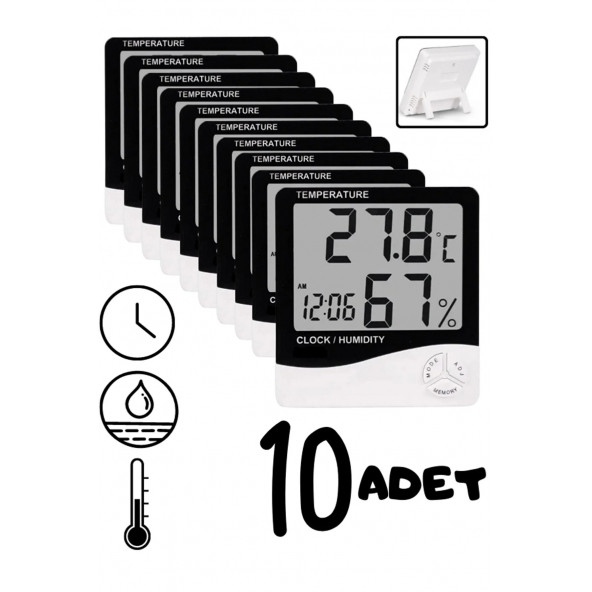 10 Adet Dijital Termometre Sıcaklık Ve Nem Ölçer Masa Saati Alarm 10ADET-HTC-1 A33-10 ADET