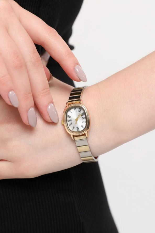 Lilith Roma Rakam Gümüş Kadran Gold-Gümüş Kordon Kadın Kol Saati - Resim 3