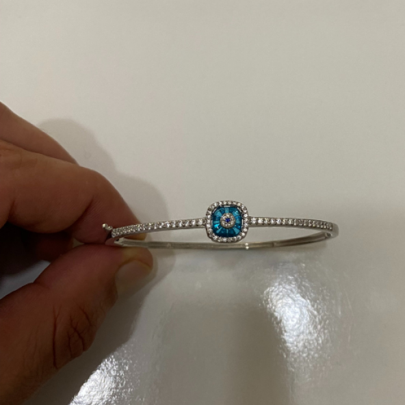 Kadın 925 Ayar Gümüş Nazar Boncuklu Kelepçe Bileklik - Resim 2