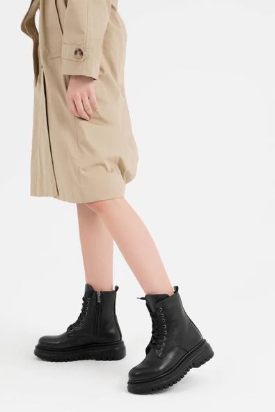 Kadın Bağcıklı Bot Postal Kalın Tırtık Tabanlı Rahat Ayakkabı - 4