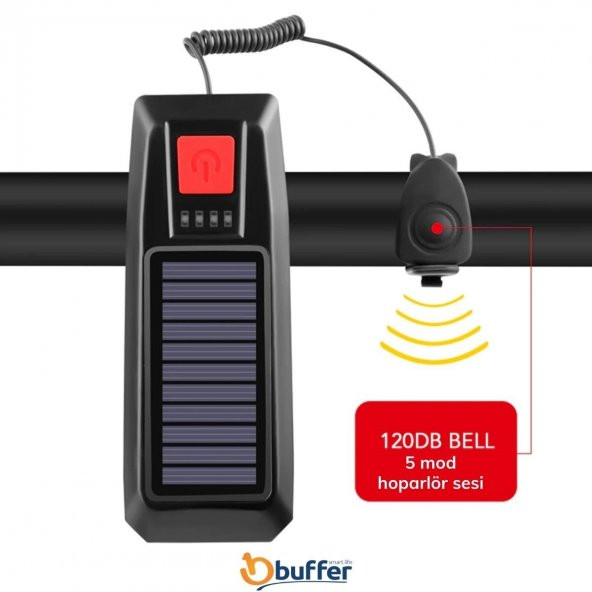 Solar Enerjili Usb Ile Şarj Edilebilir Ledli Bisiklet Feneri Kornalı Ve Su Geçirmez Far - 7