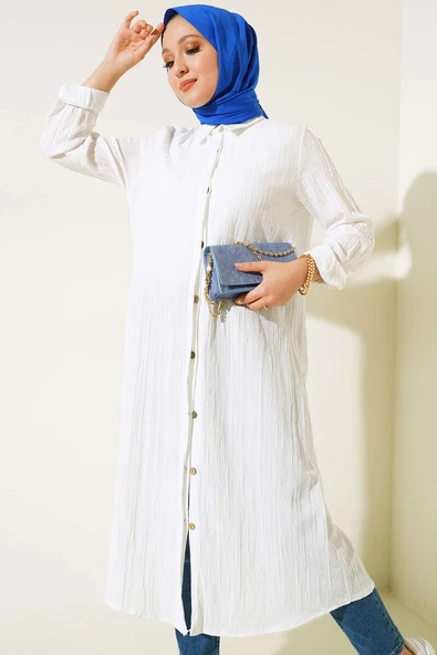 Gizli Pat Uzun Gömlek Beyaz - 2