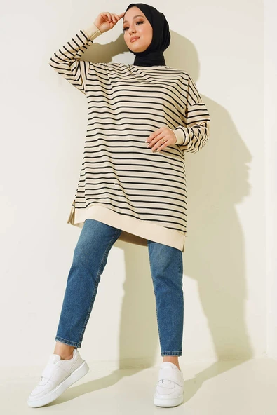 İnce Yatay Çizgili Tunik Siyah - Resim 2