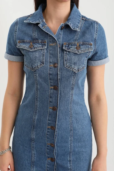 Kısa Kollu Önden Düğmeli Jean Elbise Mavi - 9