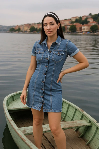 Kısa Kollu Önden Düğmeli Jean Elbise Mavi