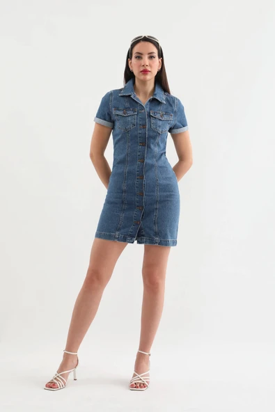 Kısa Kollu Önden Düğmeli Jean Elbise Mavi - 6