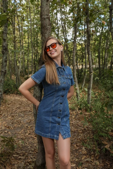 Kısa Kollu Önden Düğmeli Jean Elbise Mavi - 3