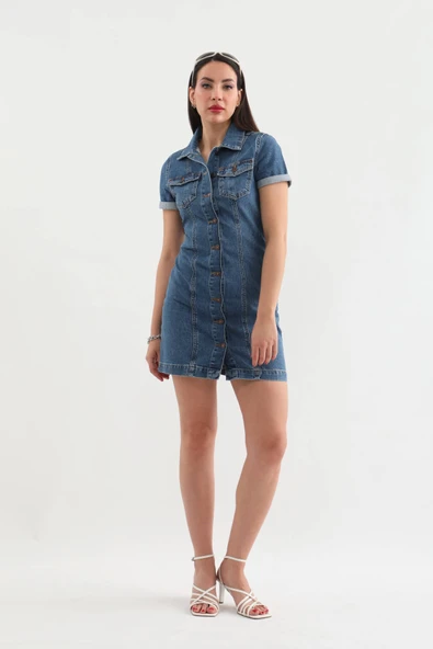 Kısa Kollu Önden Düğmeli Jean Elbise Mavi - 4