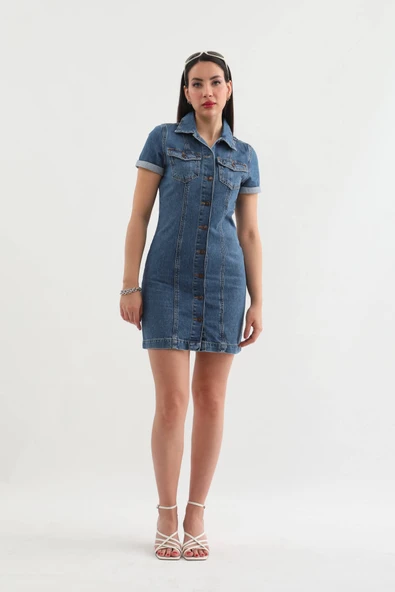Kısa Kollu Önden Düğmeli Jean Elbise Mavi - 5
