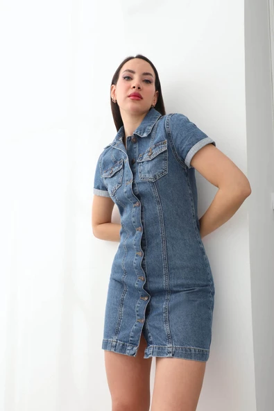 Kısa Kollu Önden Düğmeli Jean Elbise Mavi - 2