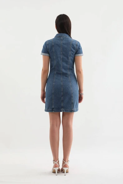 Kısa Kollu Önden Düğmeli Jean Elbise Mavi - 8
