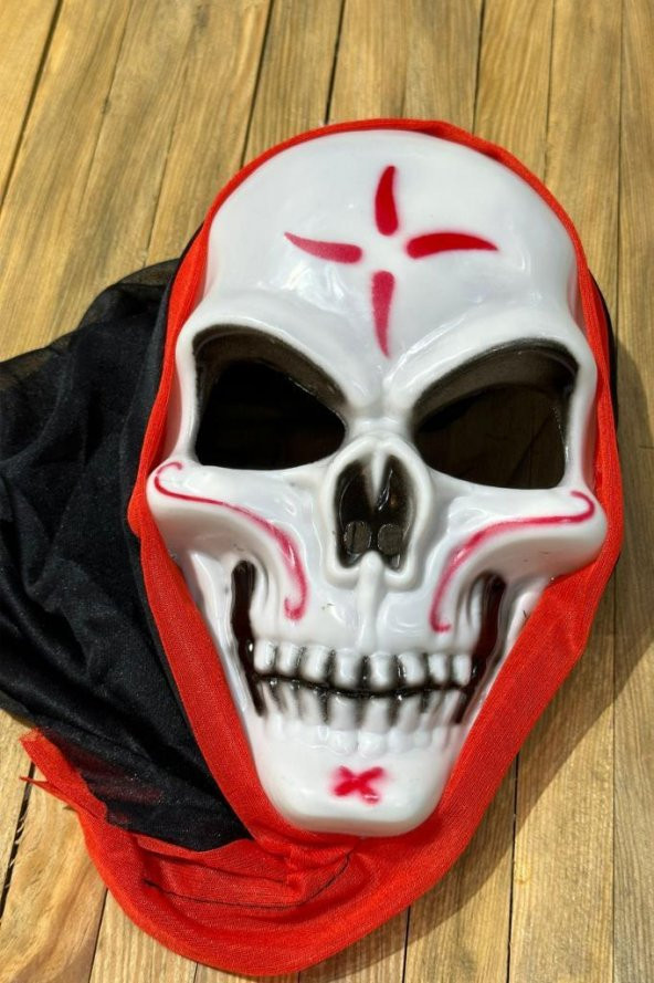 Beysüs Halloween Cadılar Bayramı Maske Kuru Kafa Kırmızı Siyah Tüllü Beyaz