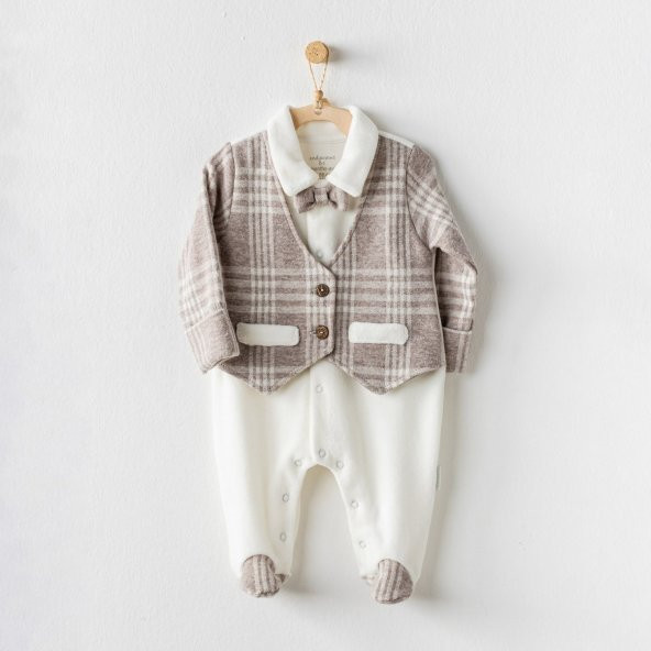 Andywawa AC24403 Little Man Kadife Bebek Tulum Beige Ecru