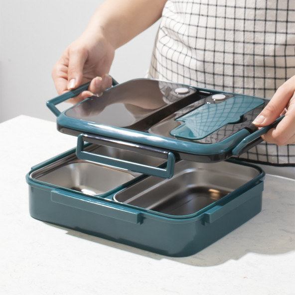 Cooker 1392 Çelik Isı Yalıtımlı 3 Bölmeli Yemek Termosu Beslenme Kutusu Lunchbox Sefer Tası - Yeşil - 2