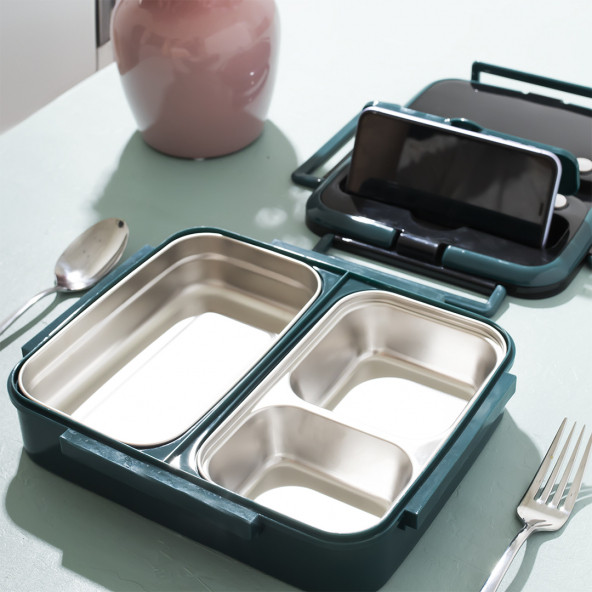Cooker 1392 Çelik Isı Yalıtımlı 3 Bölmeli Yemek Termosu Beslenme Kutusu Lunchbox Sefer Tası - Yeşil - 3