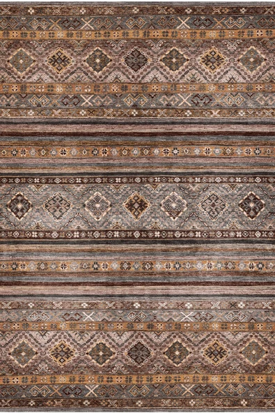 Etnik Kilim Desenli Pamuk Taban Yıkanabilir Dekoratif Halı  VİZON 100X300