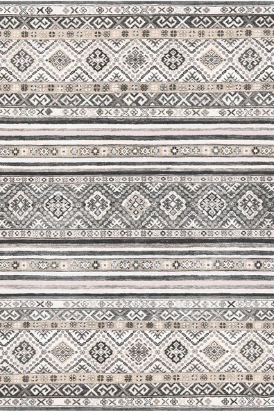 Etnik Kilim Desenli Pamuk Taban Yıkanabilir Dekoratif Halı  GRİ BEJ 100X300