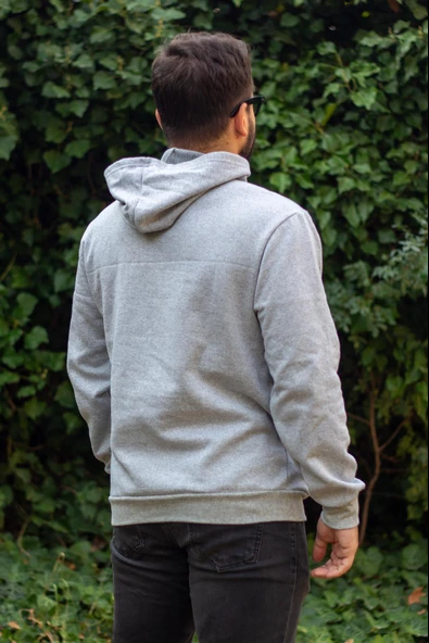 Erkek Gri Baskısız Basic Oversize Kapüşonlu Kanguru Cep Uzun Kollu Kalın Sweatshirt 23ESWTCKAG - 6