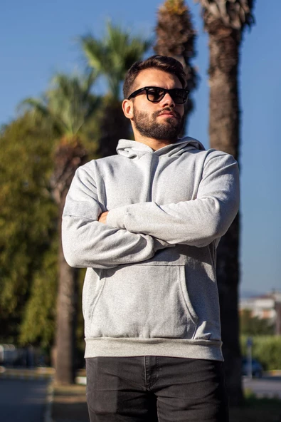 Erkek Gri Baskısız Basic Oversize Kapüşonlu Kanguru Cep Uzun Kollu Kalın Sweatshirt 23ESWTCKAG - 8