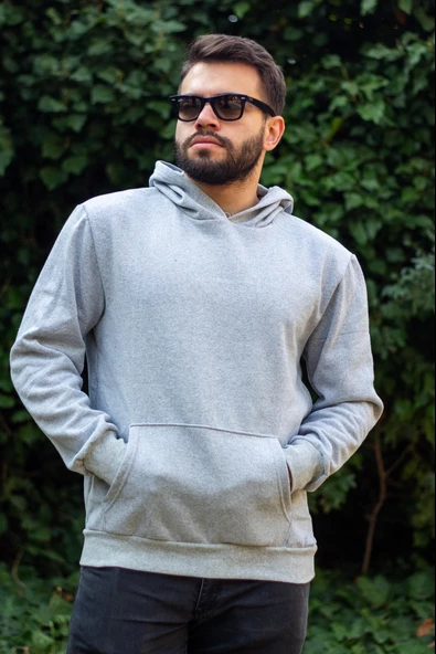 Erkek Gri Baskısız Basic Oversize Kapüşonlu Kanguru Cep Uzun Kollu Kalın Sweatshirt 23ESWTCKAG