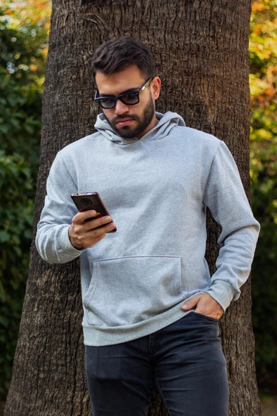 Erkek Gri Baskısız Basic Oversize Kapüşonlu Kanguru Cep Uzun Kollu Kalın Sweatshirt 23ESWTCKAG - 7